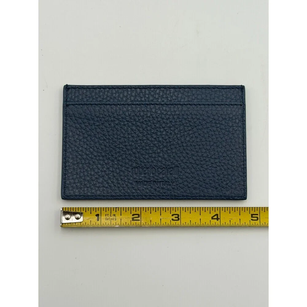 NEW Roberto Cavalli Card Holder Men's Blue Grained Leather Fashion Luxury Wallet